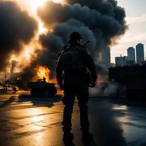 Silhouetted man with chemical weapon under setting sun