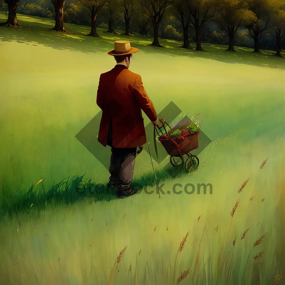 Picture of Summer Farmer Pushing Handcart through Beautiful Green Meadow