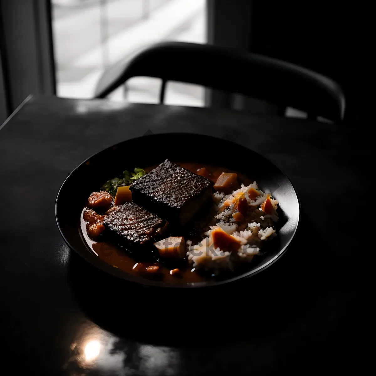 Picture of Delicious gourmet lunch plate with cooked meat and pepper