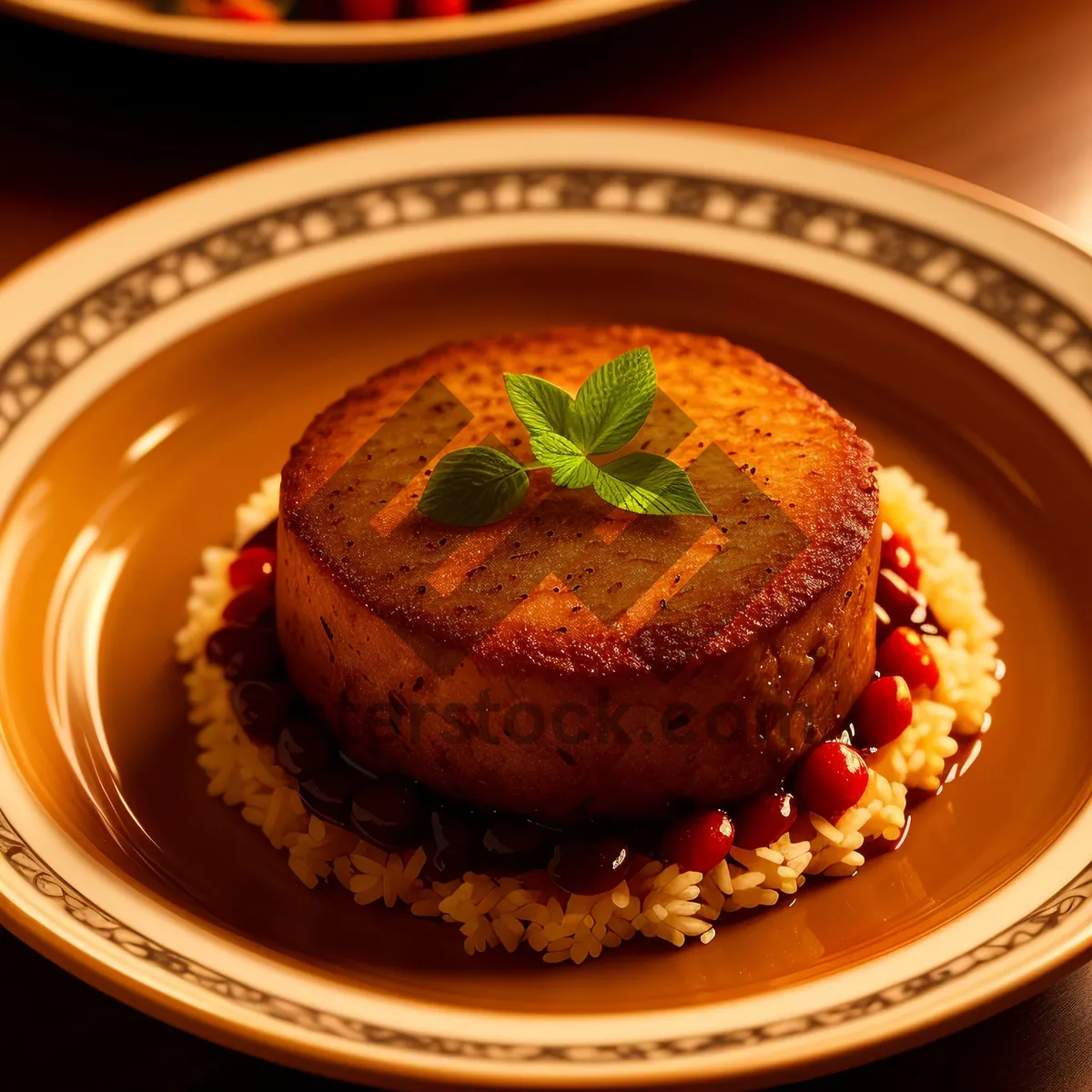 Picture of Delicious Gourmet Meal on Plate with Fresh Greens