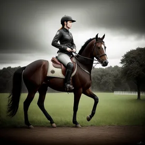 Brown stallion wearing saddle during equestrian competition.