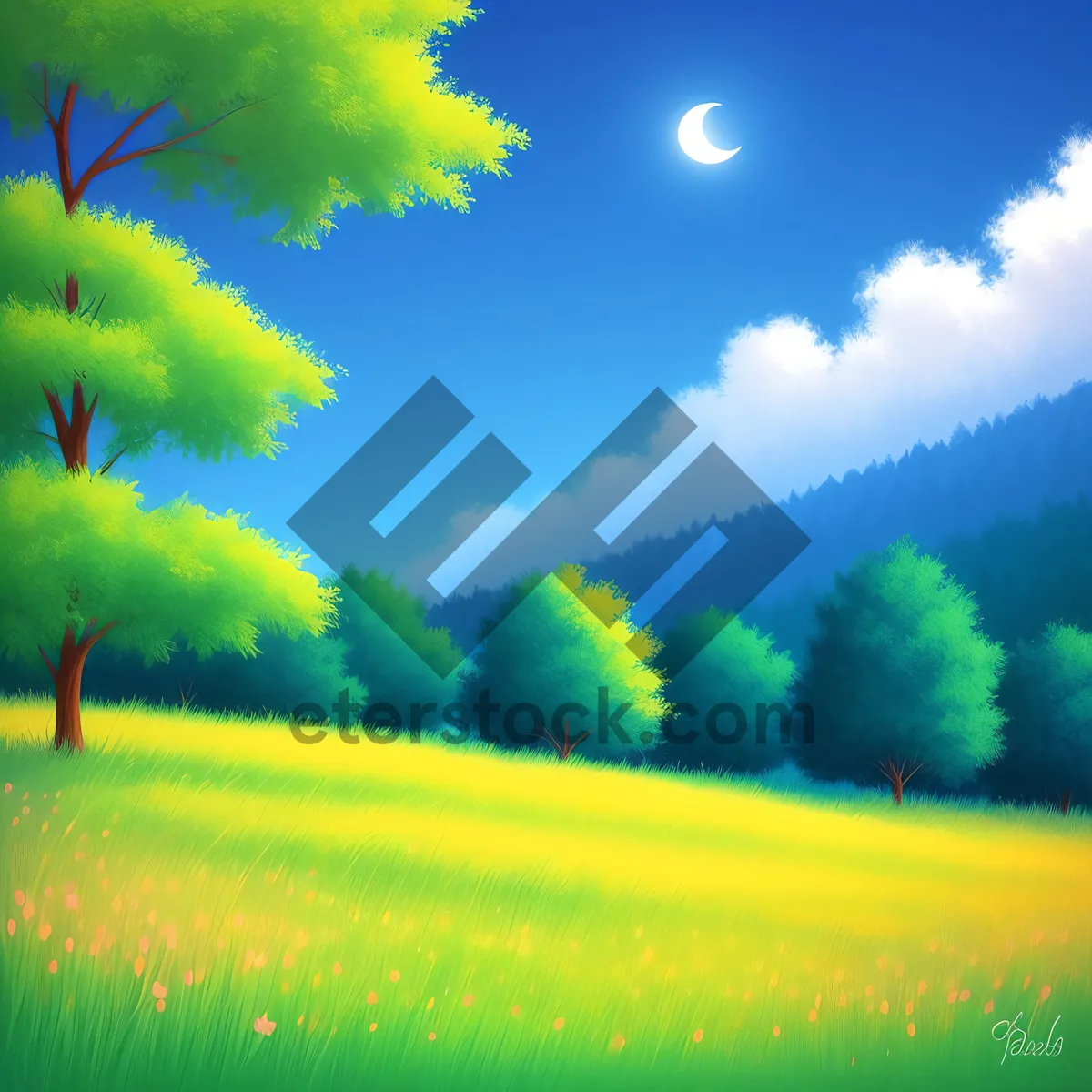 Picture of Vibrant Summer Meadow Landscape with Panoramic Horizon