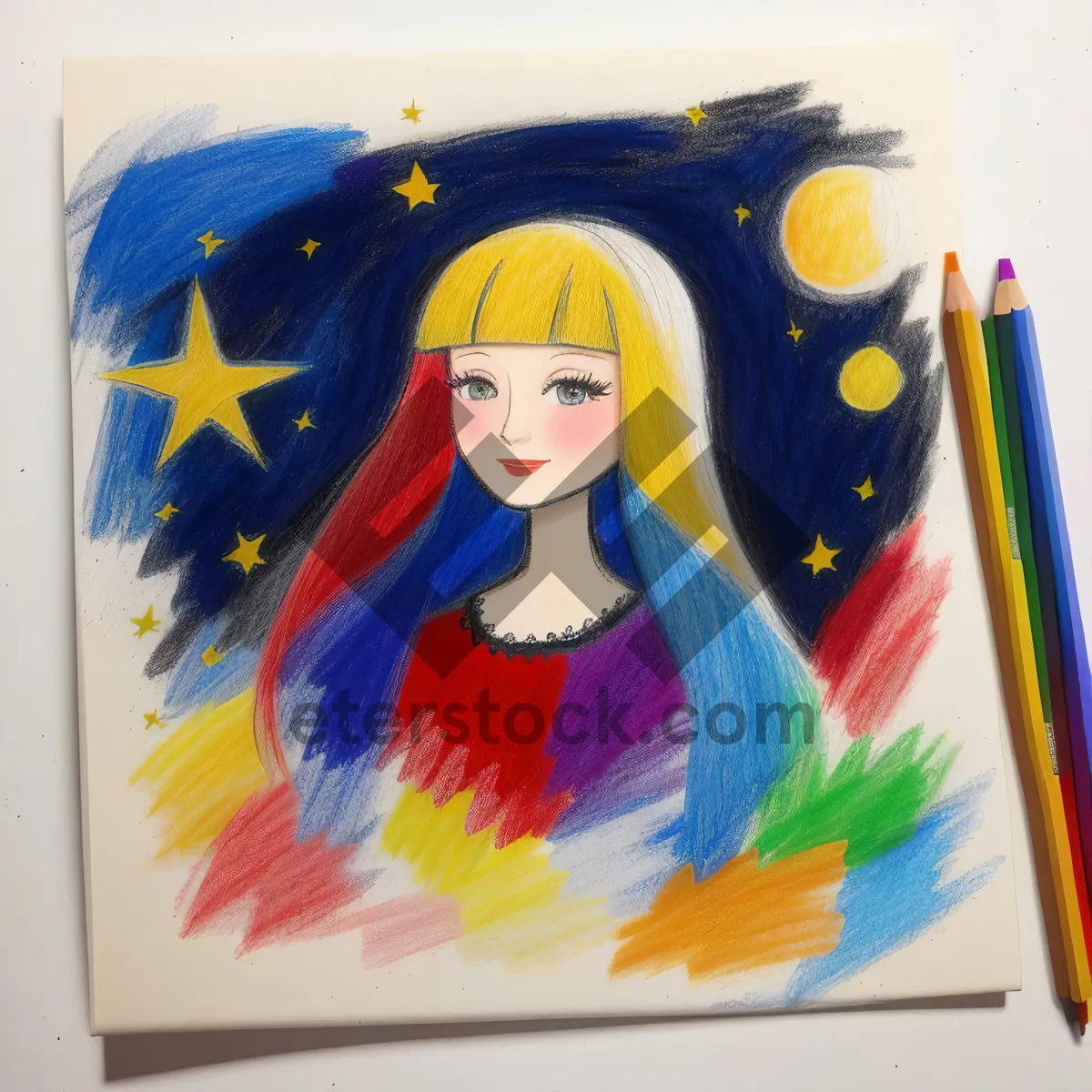 Picture of Vibrant school art supplies - pencil and crayon.