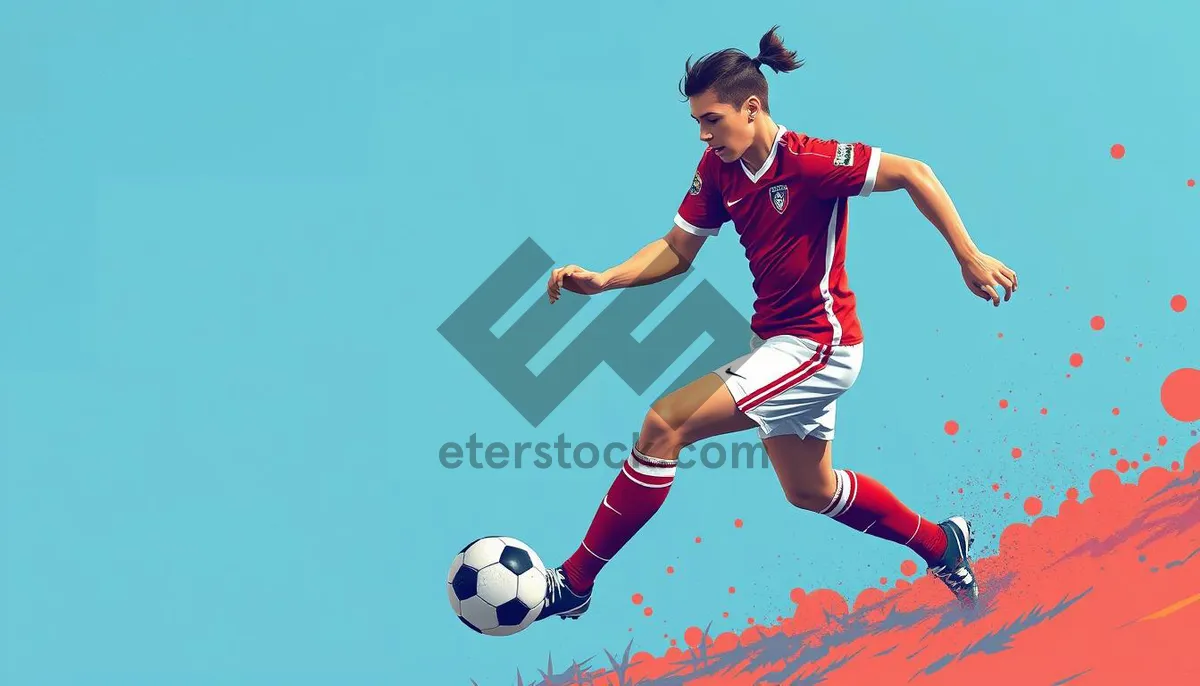 Picture of Jumping athlete playing soccer ball on grass field.