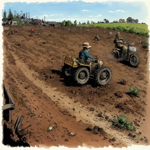 Rural Farming Machinery Working in Landscape Field