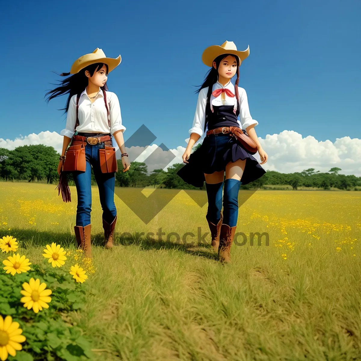 Picture of Blonde Woman Jumping with Joy in Meadow