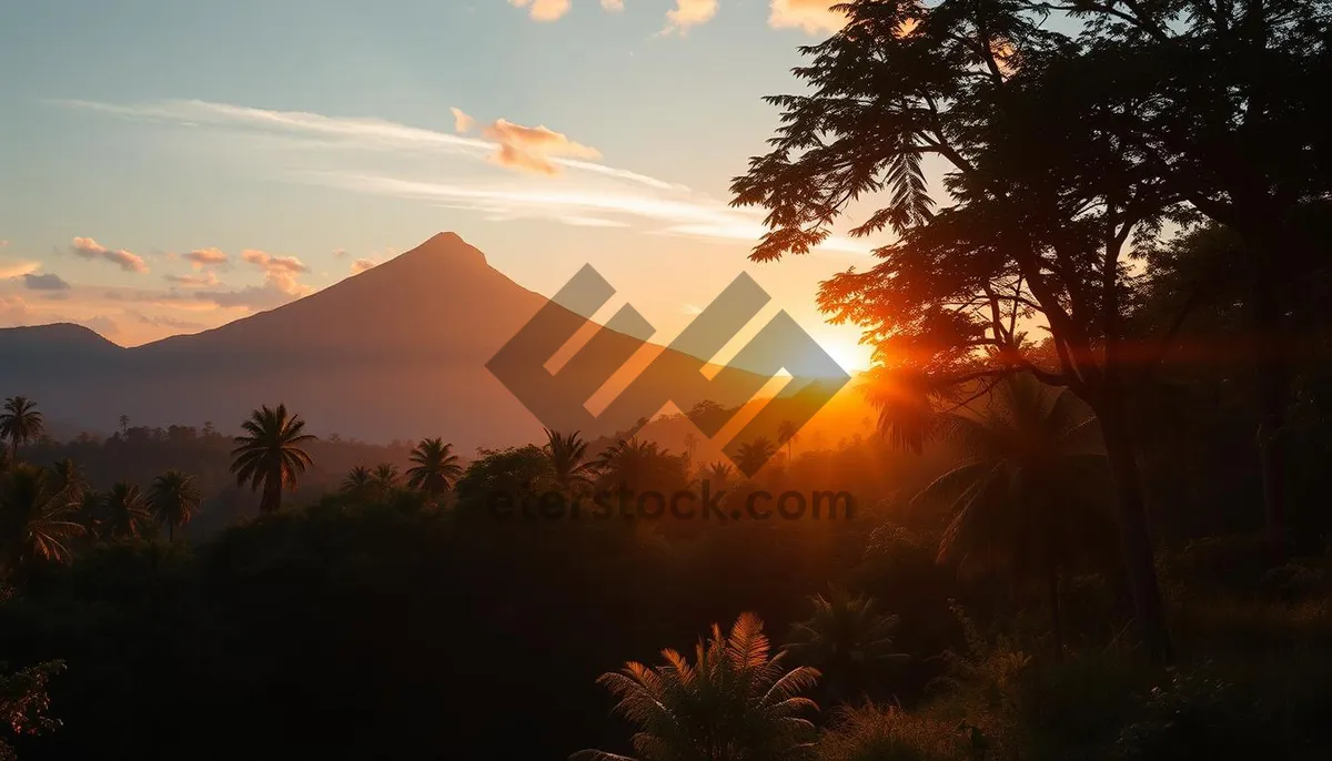 Picture of Orange sunset over palm trees on beach.