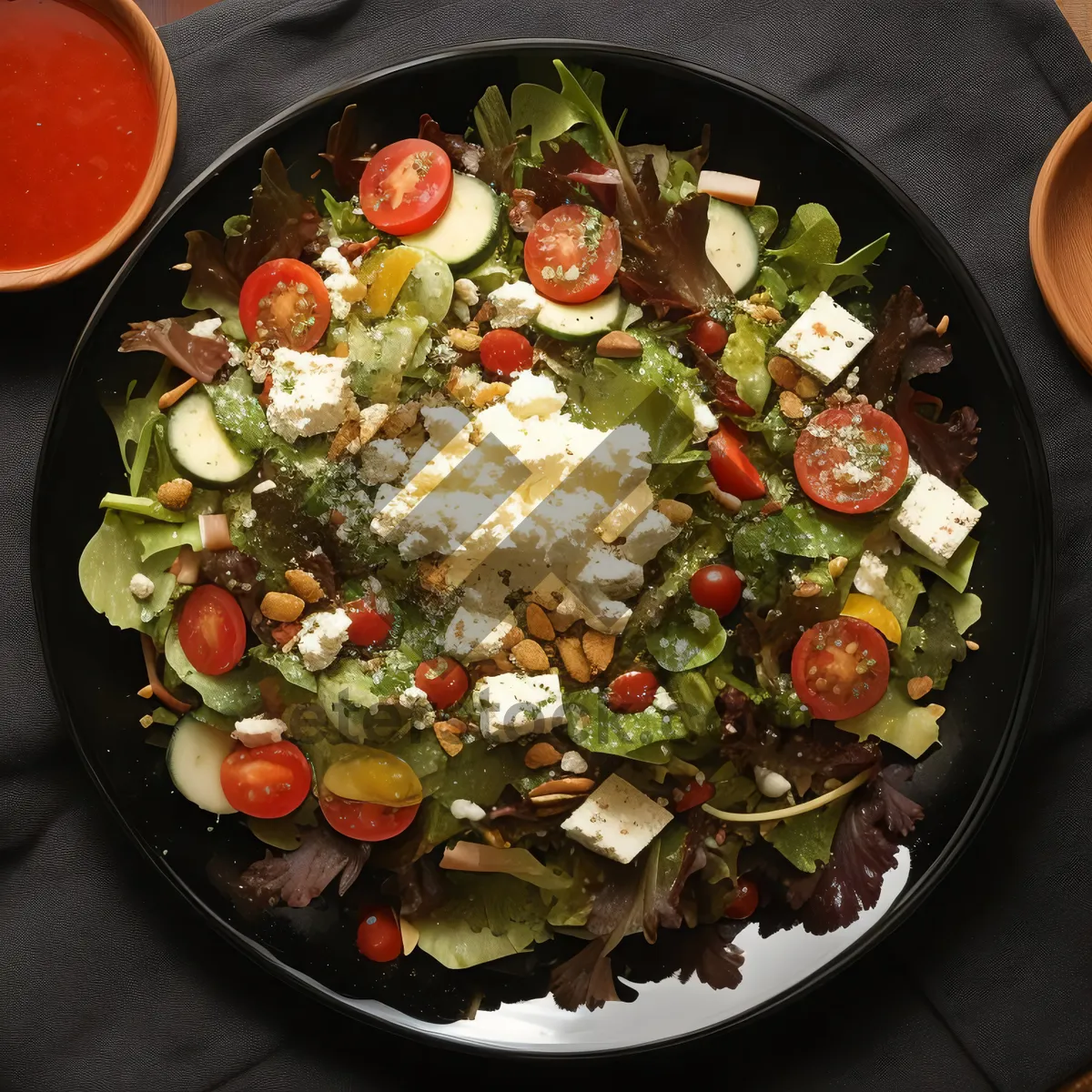 Picture of Fresh vegetable salad with tasty meat and spicy sauce.