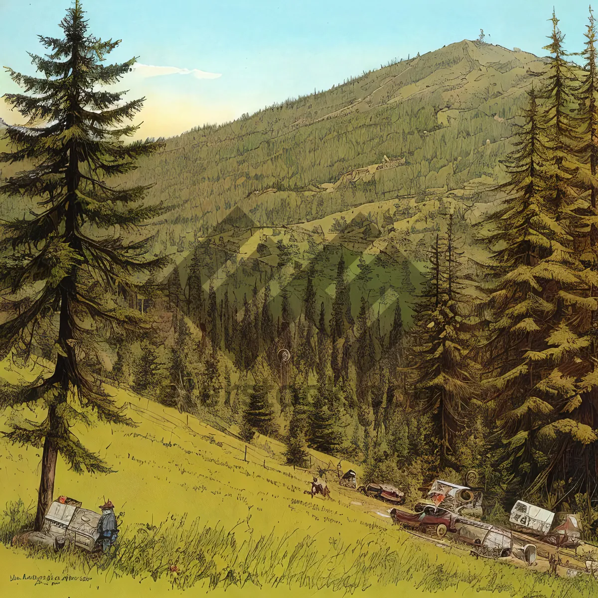 Picture of Serene Mountain Landscape with Tall Evergreen Trees