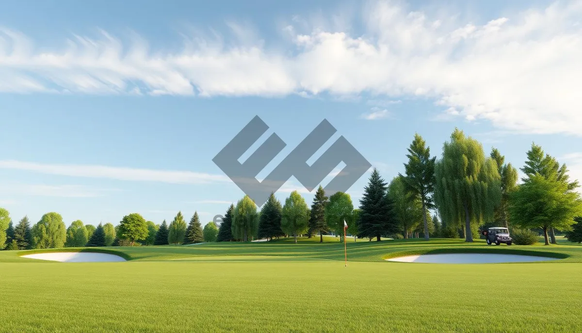 Picture of Colorful golf course with flag under clear sky