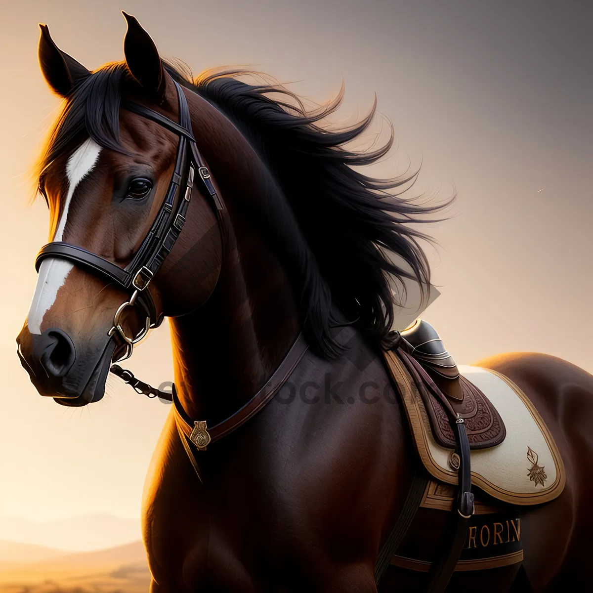 Picture of Brown Thoroughbred Stallion in Equestrian Headgear
