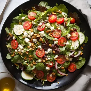 Delicious gourmet salad with fresh vegetables and cheese