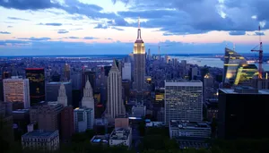 Modern skyscrapers in vibrant city center skyline at sunset