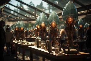 Champagne bottle and glasses on sparkling chandelier