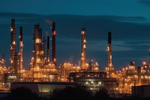 Industrial city skyline reflection on river at night