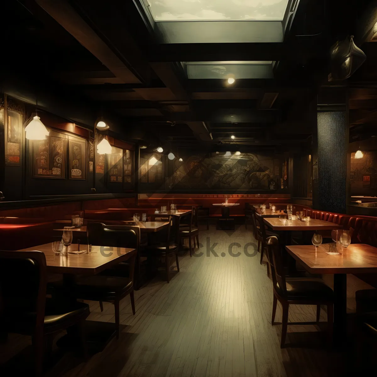 Picture of Modern restaurant interior design with wooden furniture and chairs