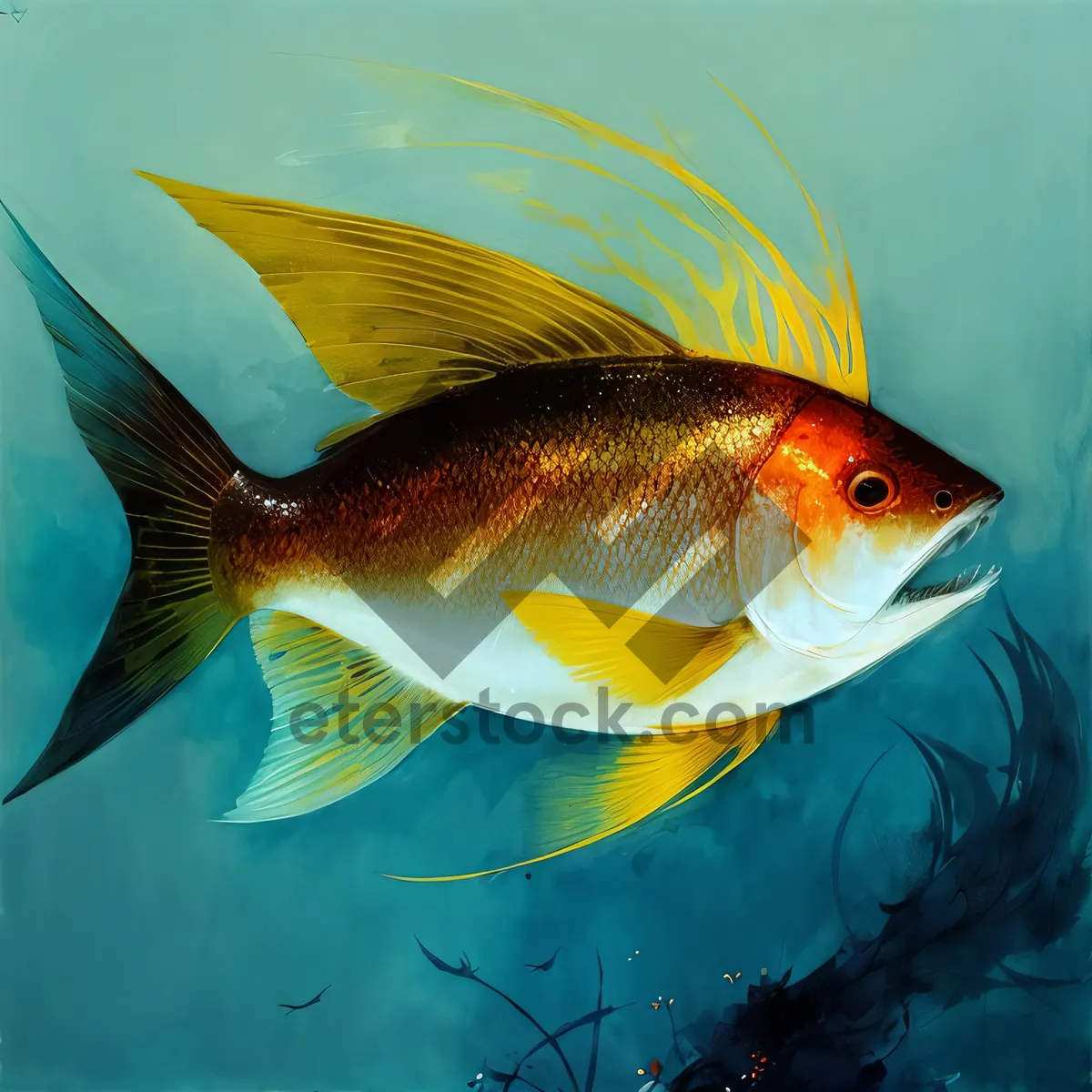 Picture of Tropical Goldfish Swimming in Underwater Aquarium