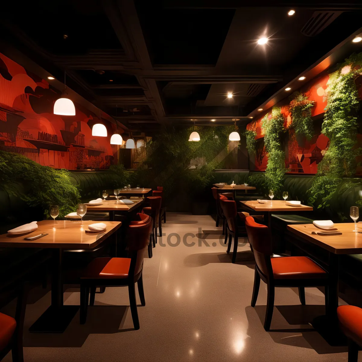 Picture of Modern luxury restaurant interior with wooden furniture and chairs.