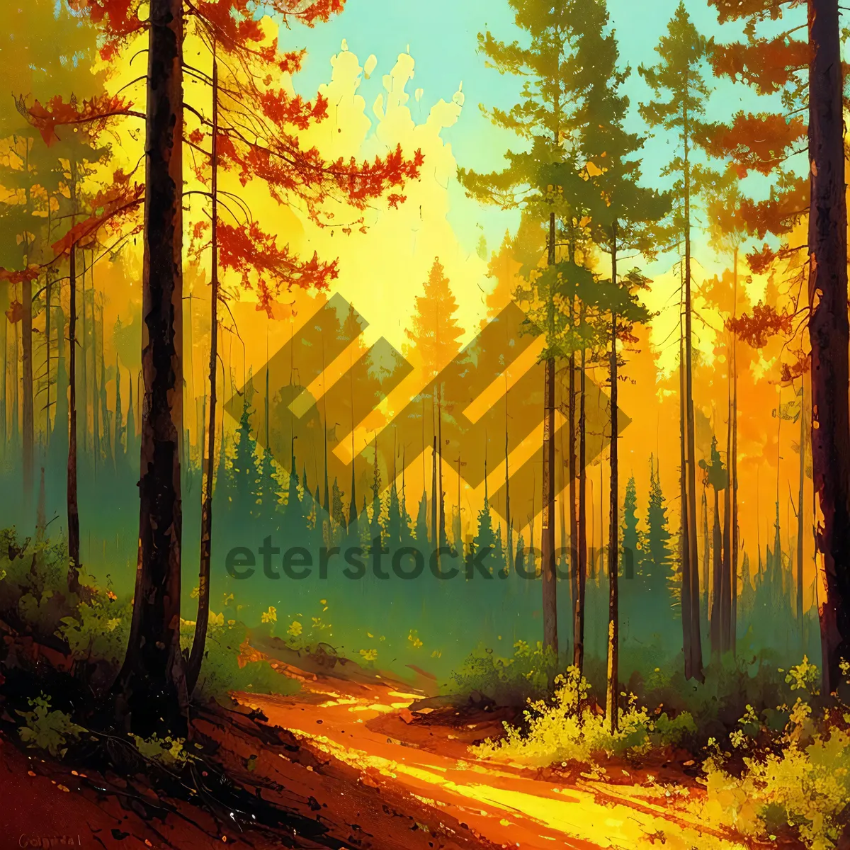 Picture of Autumn-Infused Forest at Sunset: Serene Celestial Beauty