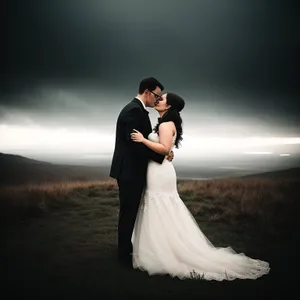 Happy Wedding Couple Embracing in Floral Outdoors