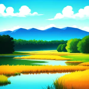 Sunset over picturesque countryside meadow.