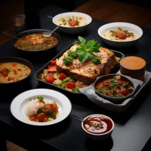 Savory Gourmet Dinner Plate with Vegetables and Sauce
