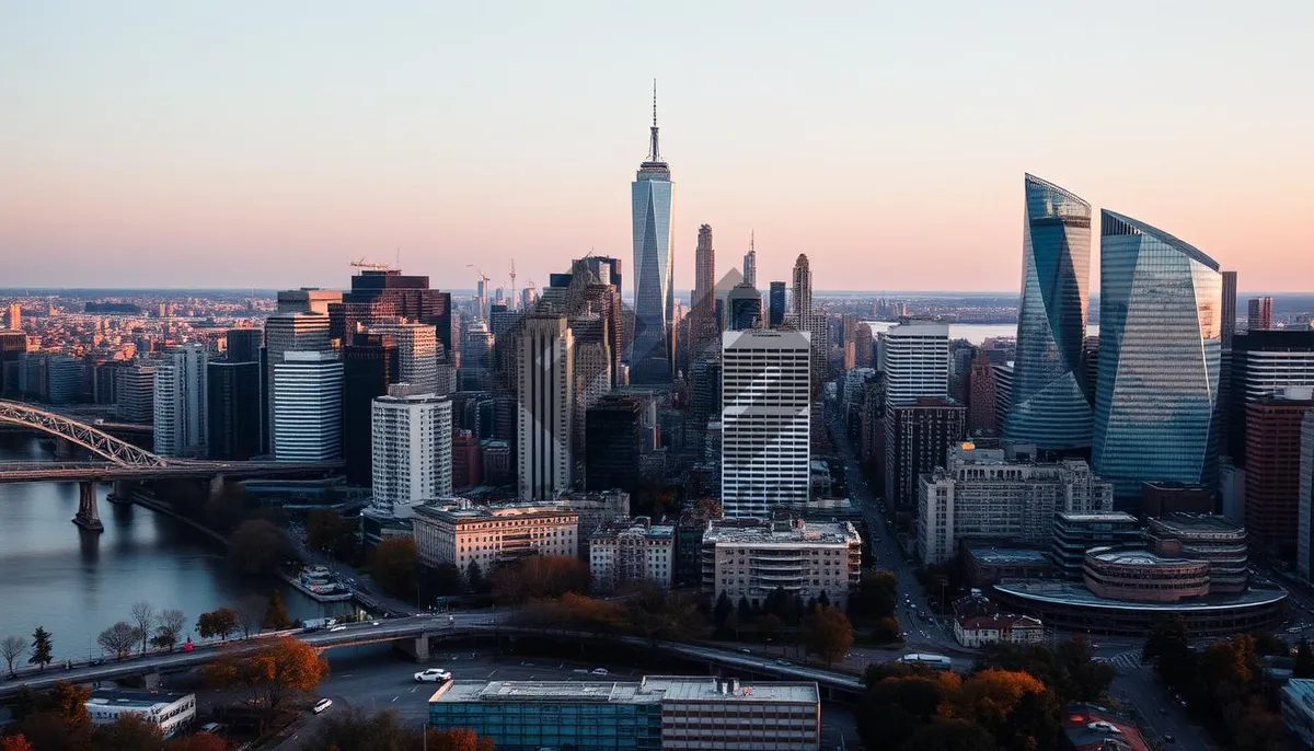 Picture of Modern city skyline at dusk with high buildings.