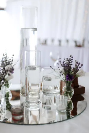 Festive dinner table setting with wine glasses