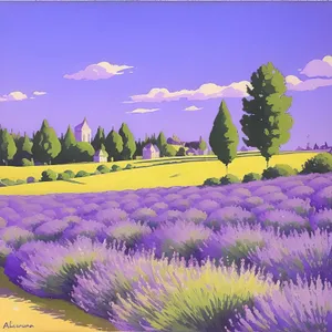 Vibrant Purple Lavender Blooms in Colorful Field Against the Aquatic Sky