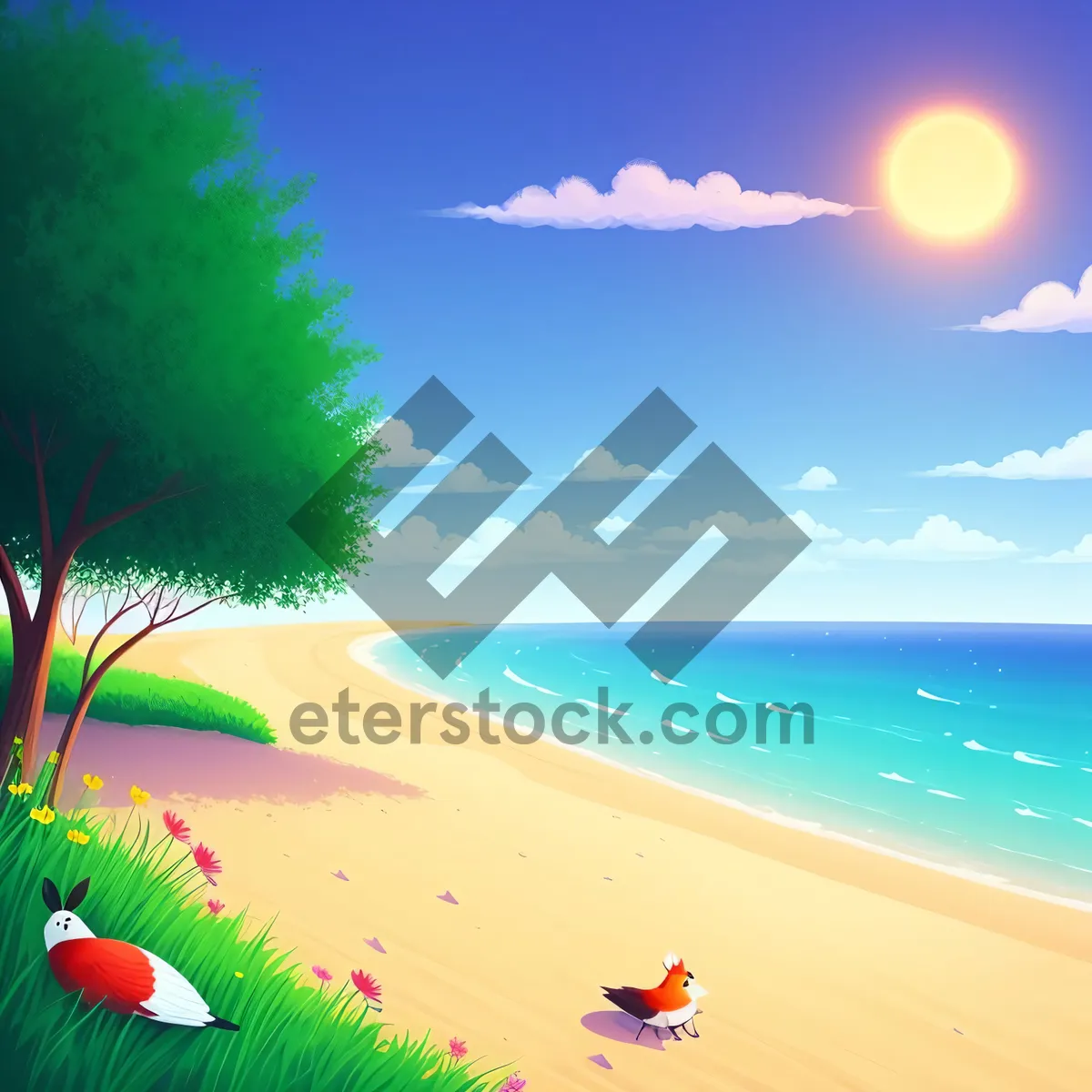 Picture of Tropical Sunset over Sandy Beach and Blue Ocean