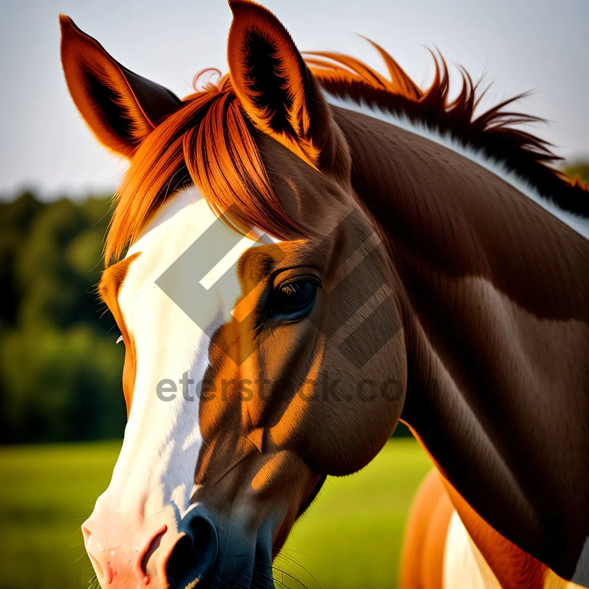 Picture of Majestic Thoroughbred Stallion Grazing in Pasture