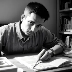 Professional man smiling at laptop in office workspace.