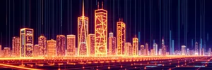 Modern city skyline with illuminated skyscrapers at night