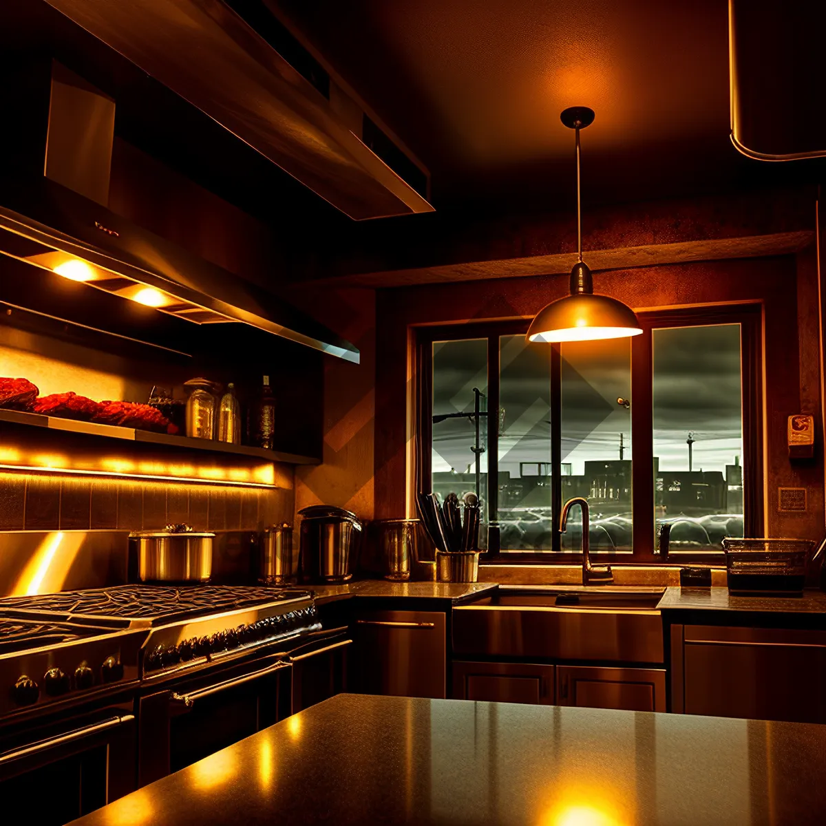 Picture of Modern Nighttime Kitchen with Stylish Furniture