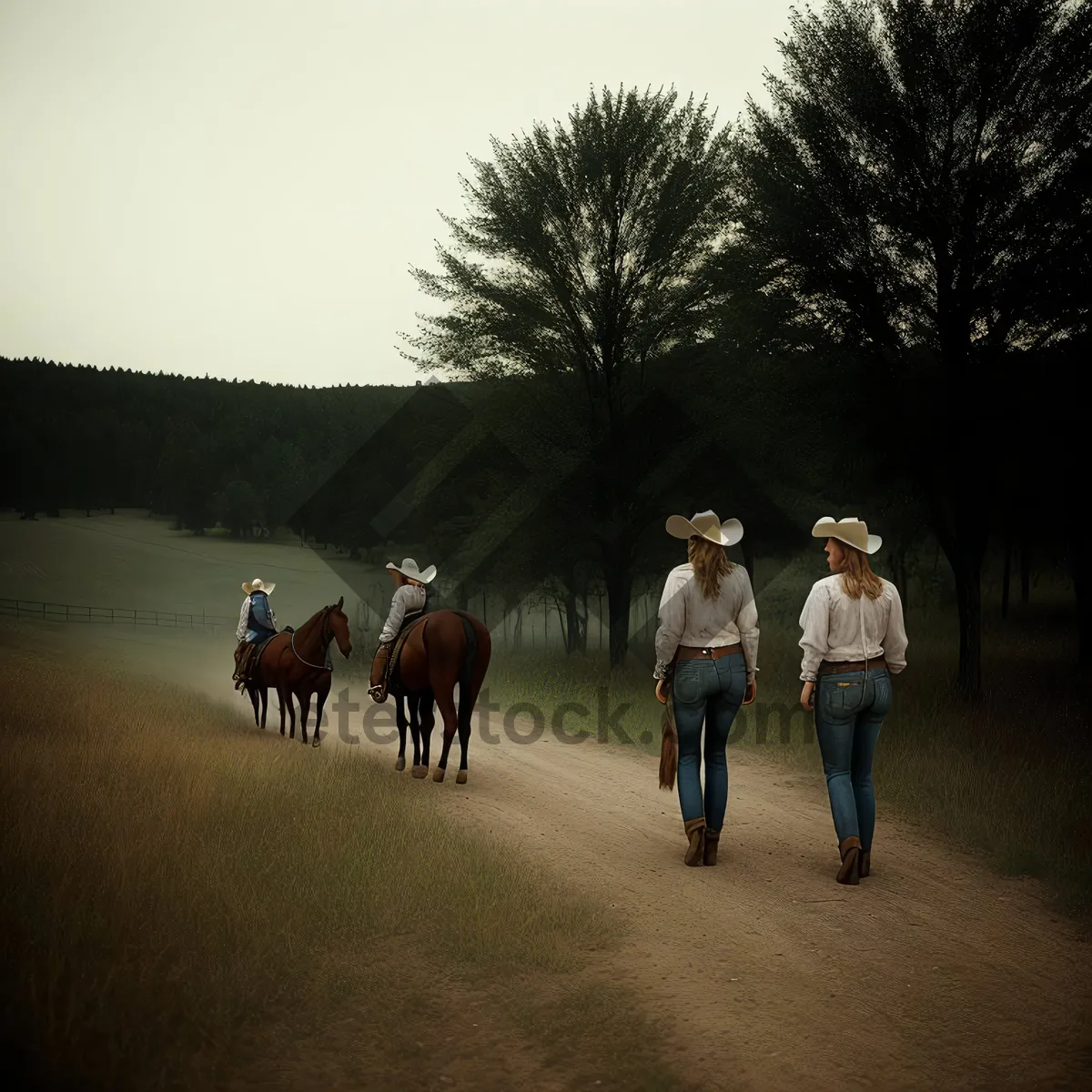 Picture of Rustic Ranch: Horse and Cattle Grazing in Pasture