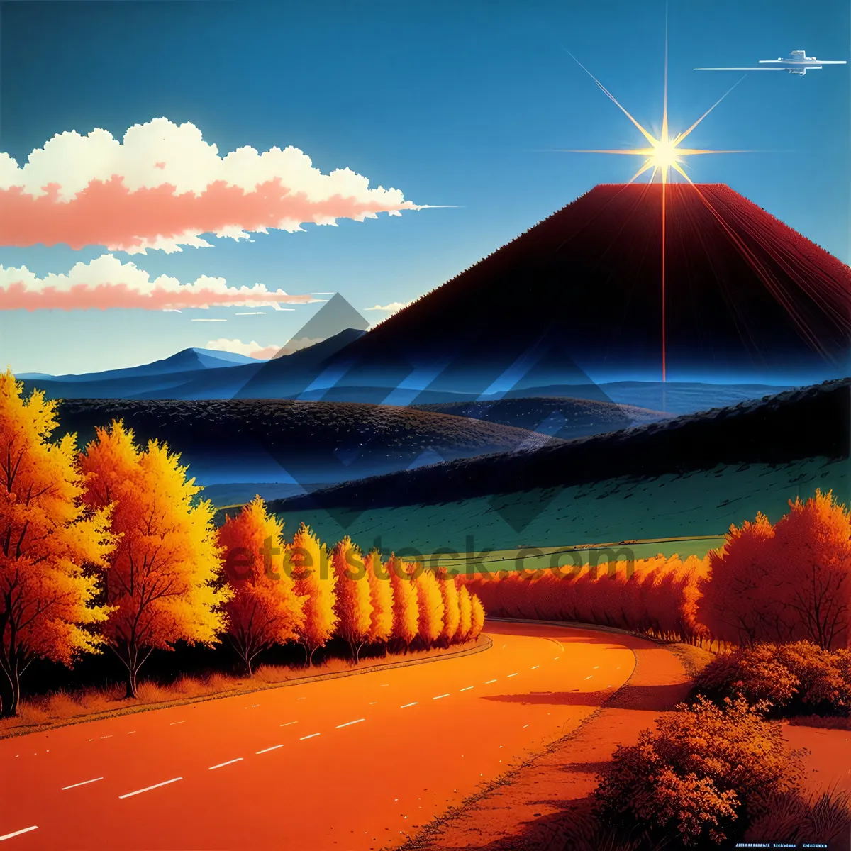 Picture of Vibrant Sunset Sky over Meadow and Mountains