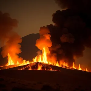 Fiery Sky: Sunset Flamethrower Illuminates Volcanic Landscape