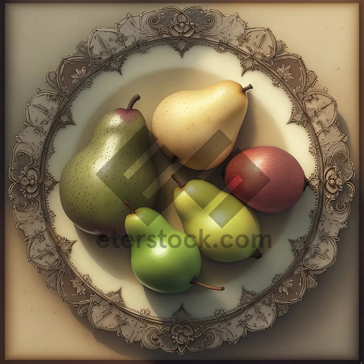 Picture of Fresh and Healthy Fruit Basket with Apple, Pear, and Tomato