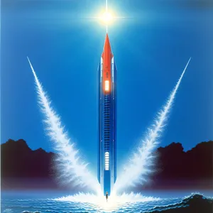 Rocket soaring through sunlit city skyline