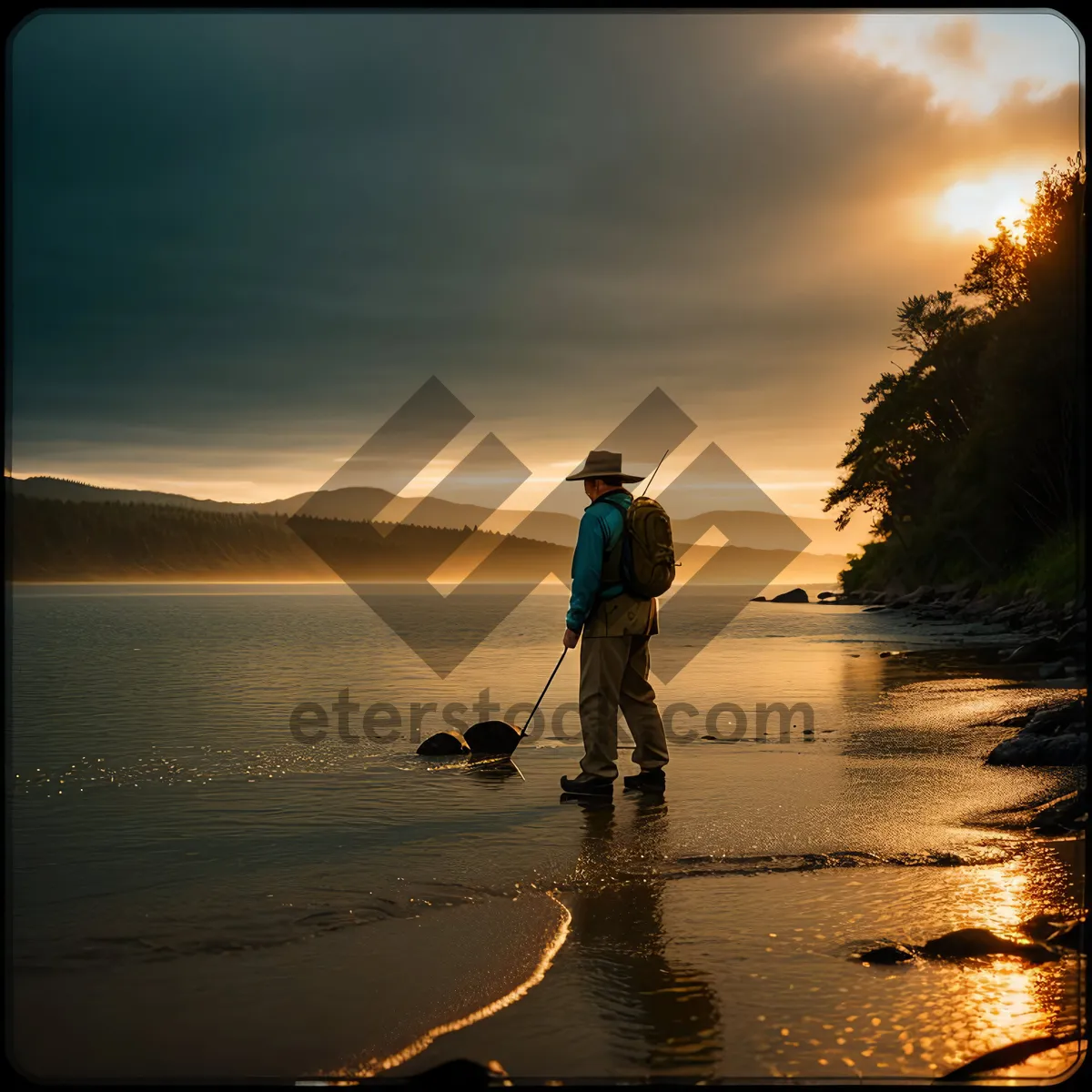 Picture of Sunset Silhouette: Fisherman's Dusk by the Shore