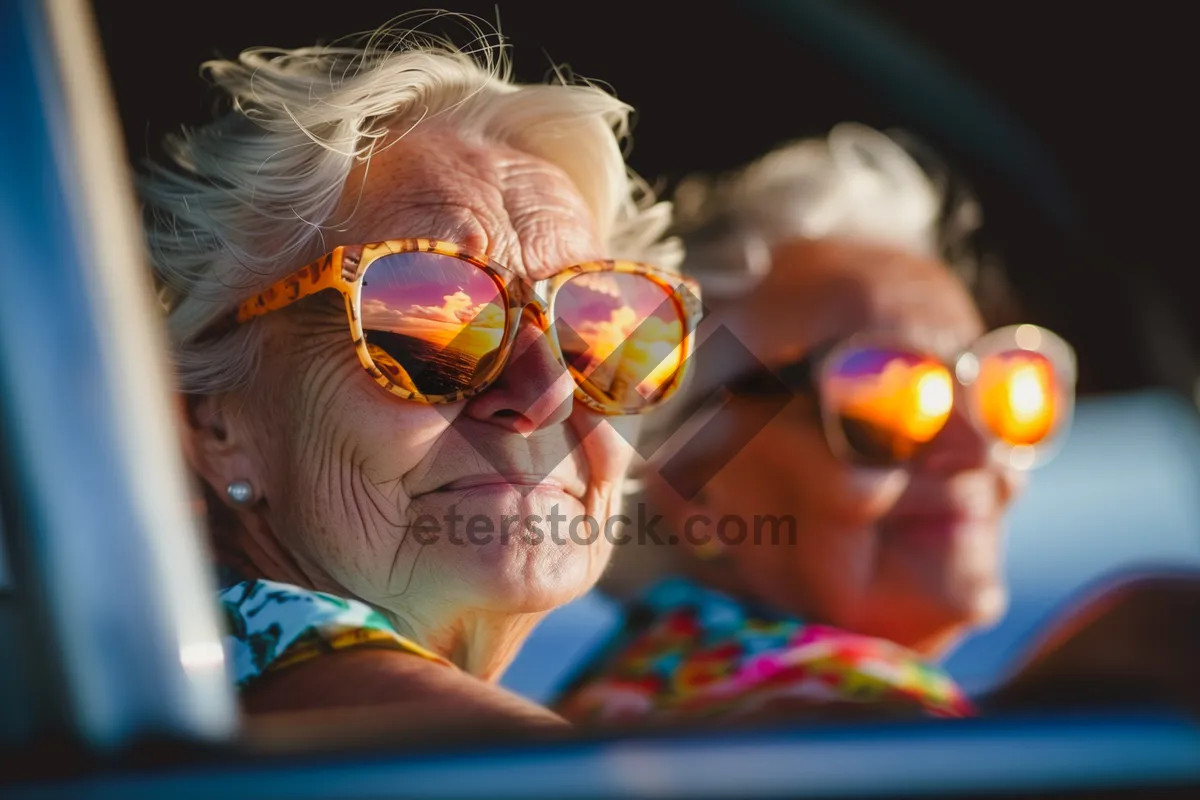 Picture of Smiling blonde model in stylish sunglasses