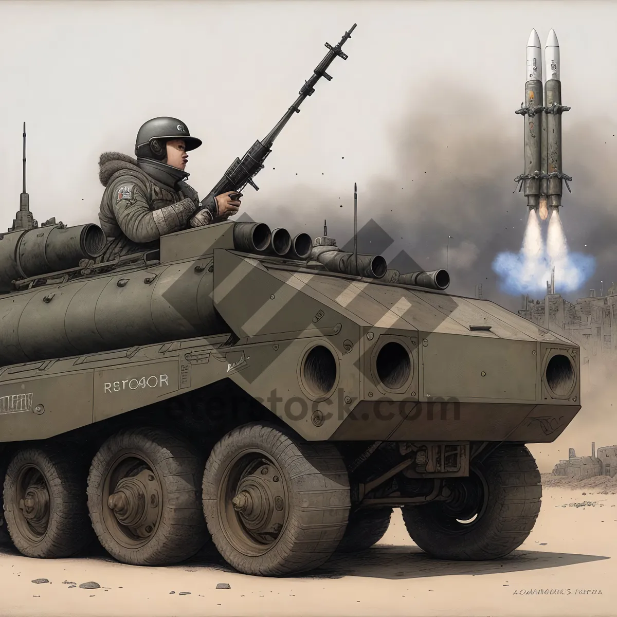 Picture of Armored Military Tank with High-Angle Cannon