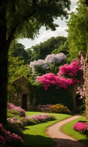 Colorful Autumn Park Landscape with Trees and Flowers