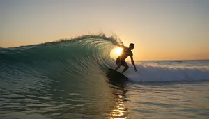 Silhouette of man paddle boarding at sunset on ocean