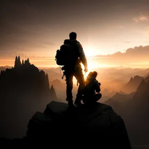 Sunset Mountain Silhouette Hiker in Outdoor Adventure