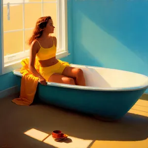 Happy woman sitting with laptop in cozy bathtub.