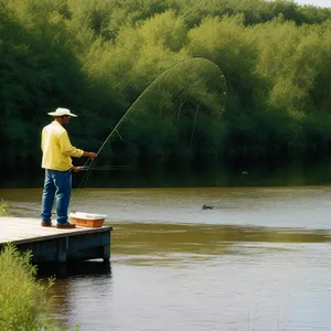 Adventurous Fisherman with Rotating Fishing Gear