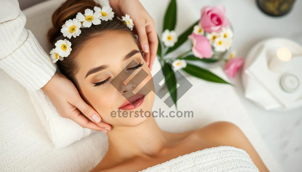 Picture of Attractive woman enjoying spa treatment with flowers