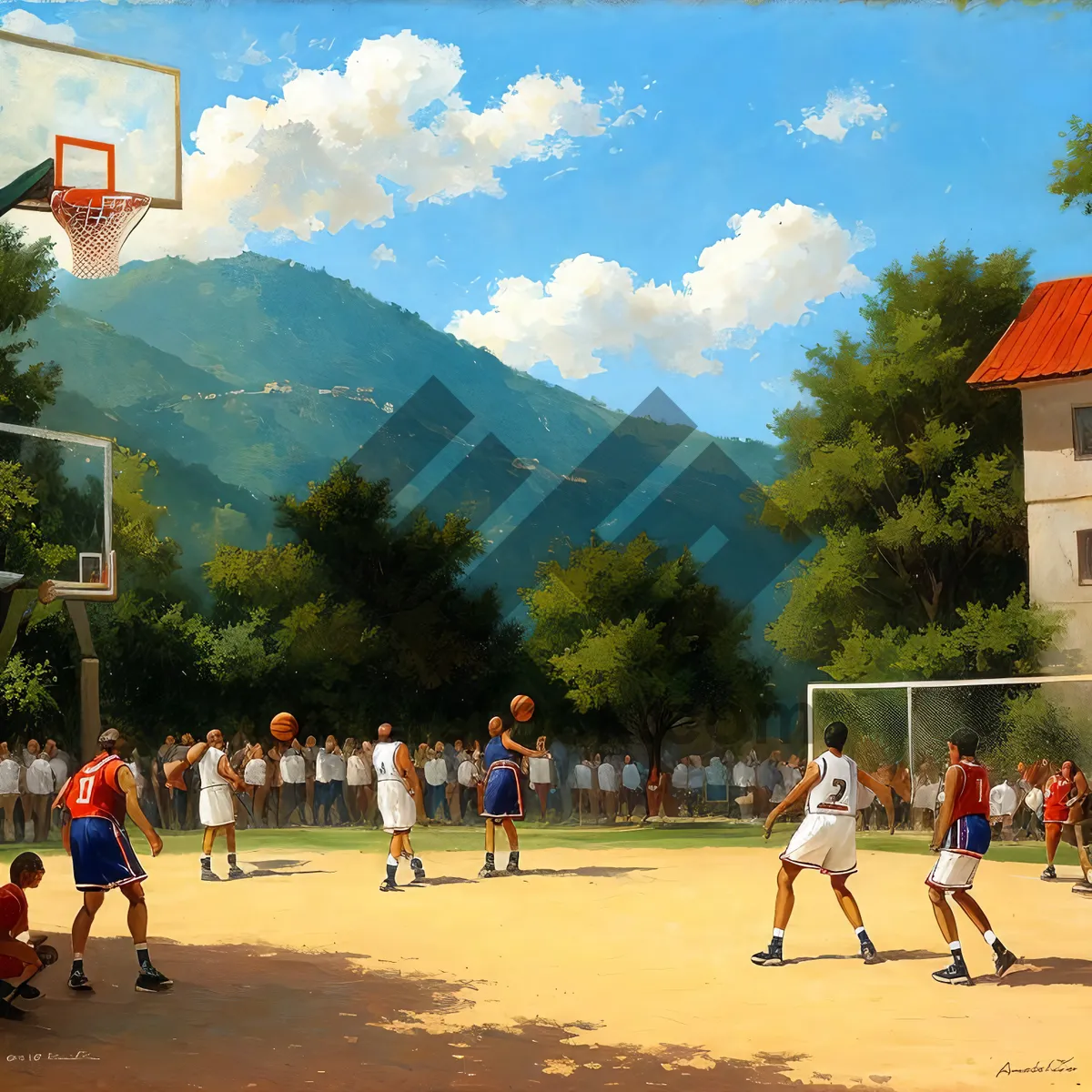 Picture of Vibrant Summer Volleyball Match Under Blue Sky