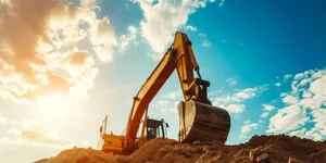 Construction Excavator at Work on Yellow Building Site.